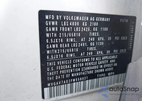 2015 Volkswagen Tiguan S from USA, damaged, VIN WVGAV7AX2FW558931